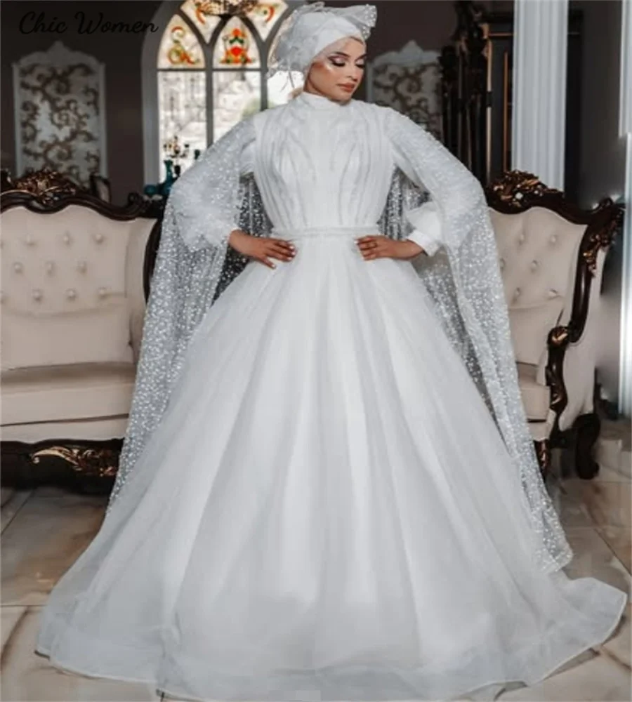 Luxury Muslimah Wedding Dress With Cape Sparkly Sequin Catholic Caucasian Bride Dress Long Sleeve Islamic Bridal Arab Customized