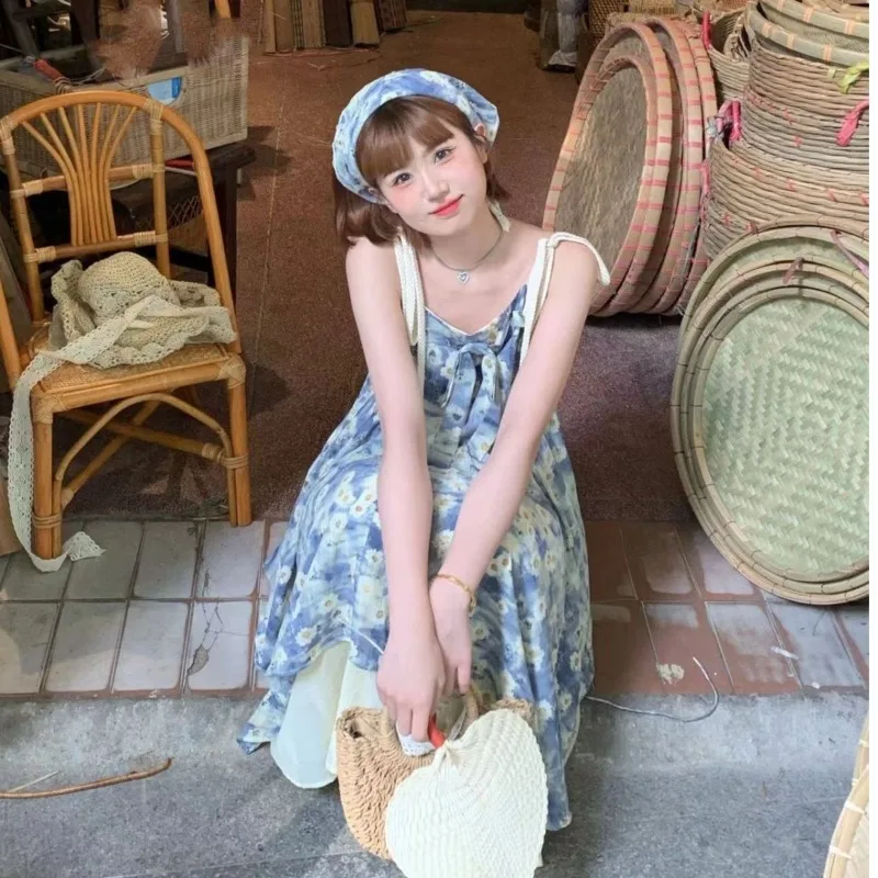 Sweet Prairie Chic Style Blue Floral Dress for Women Summer Irregular Contrast Adjustable Suspender Fashionable Long Dress