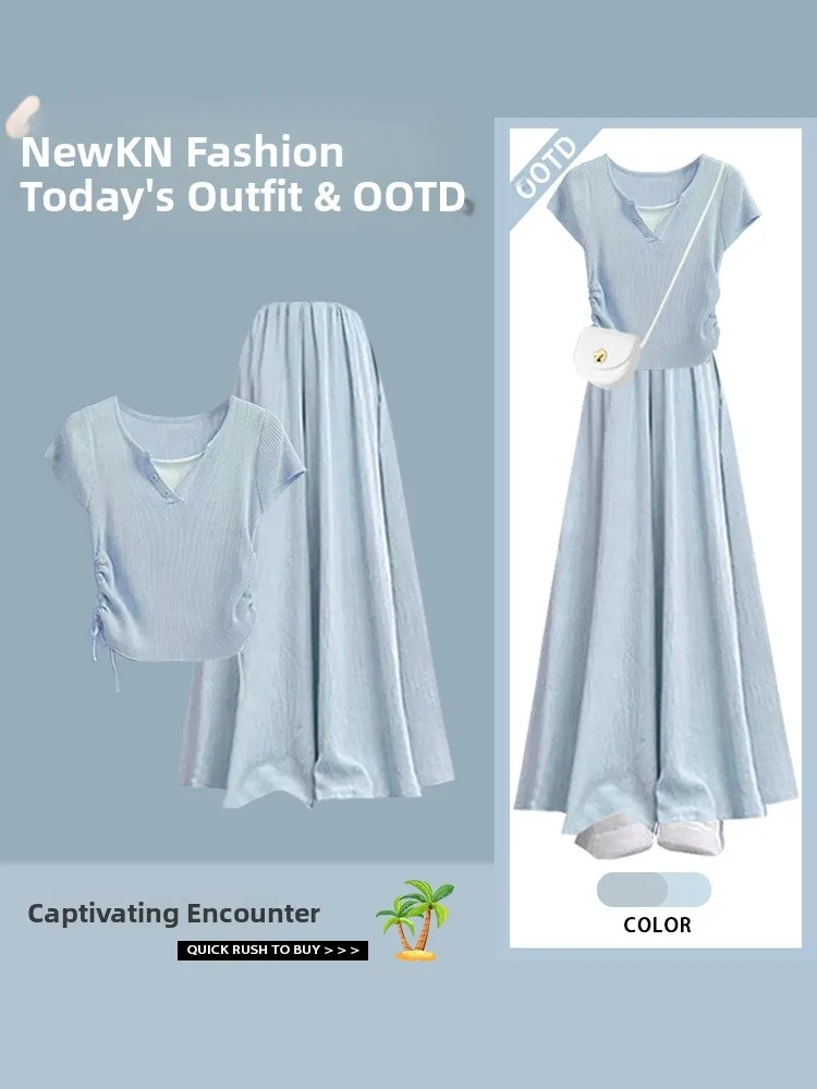 Maglieria coreana in due pezzi finta Sle ort Sve Pantaloni larghi con gonna a f Set in due pezzi Abito estivo dimagrante da donna