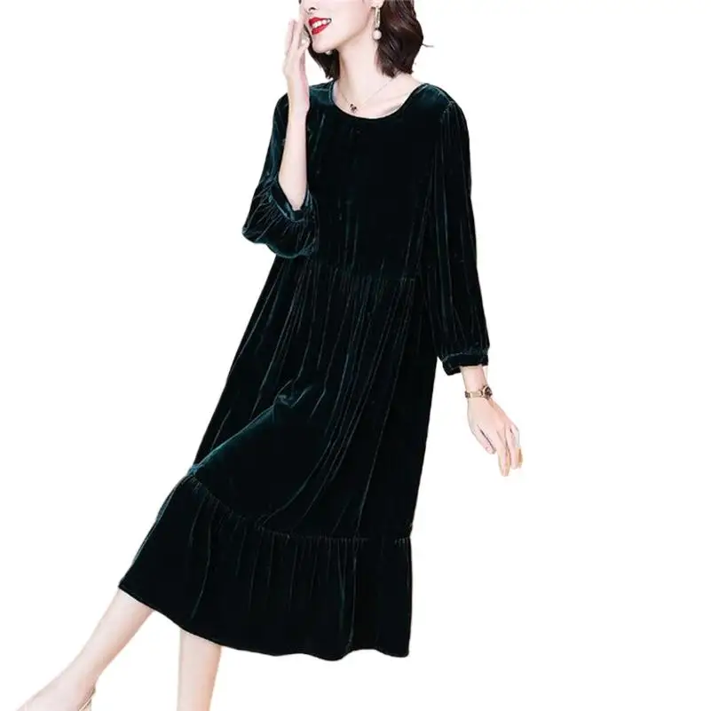 

England Style Women Elegant Midi Dress O Neck Vintage Solid Casual Loose Velvet Dress Robe Party Vestido Longo Feminino Clothes