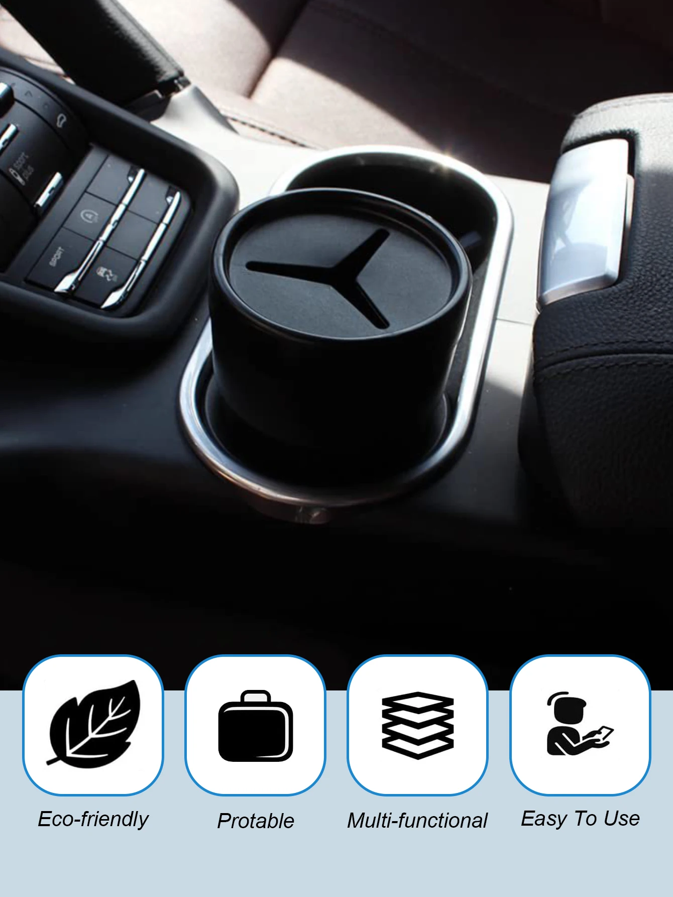 Mini lata de lixo para carro com tampa – suporte de copo compacto para carros, tampa macia aberta, design fácil de limpar com I removível