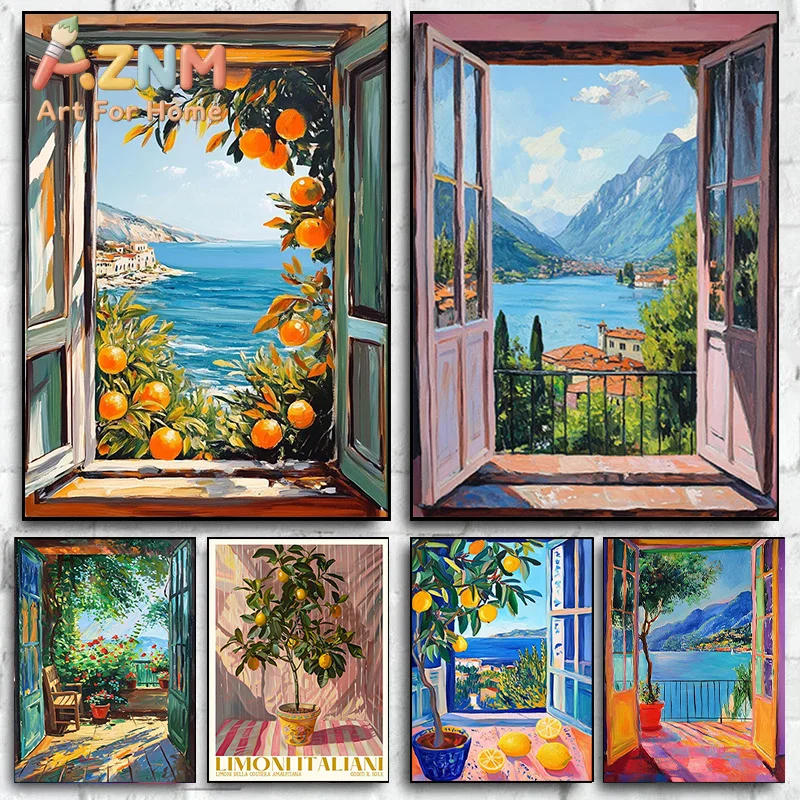 Henri Matisse Mediterranean Open Window Series Canvas Wall Art, Unframed Sea Orange Tree Coastal View for Living Room Decortions