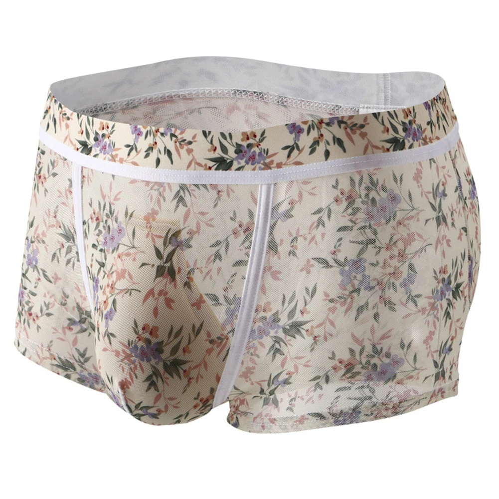 남성용 섹시한 음낭 벌지 복서 브리프, 메쉬 시스루 언더팬츠 반바지, U 볼록 파우치 속옷, 통기성 팬티