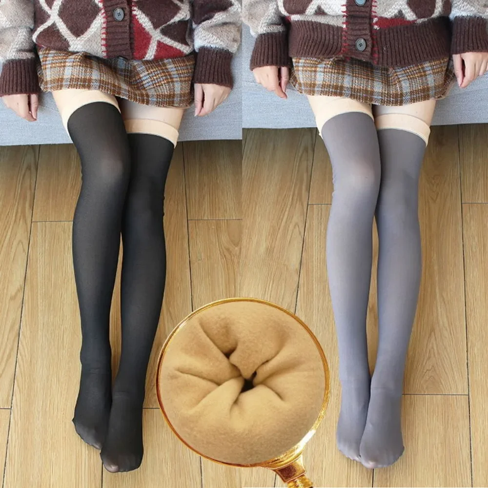 

Women Thickened Long Socks Winter Warm Stockings Female Over Knee Thigh High Thermal Stocking Translucent Slim Fleece Tights
