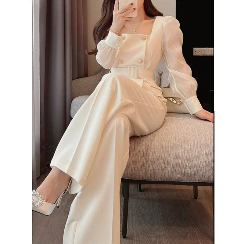 Spring Autumn Office Lady Elegant Fashion Double Breasted Belt Blazer Top Wide Leg Pants Set Women\'s Clothing Female White Suit