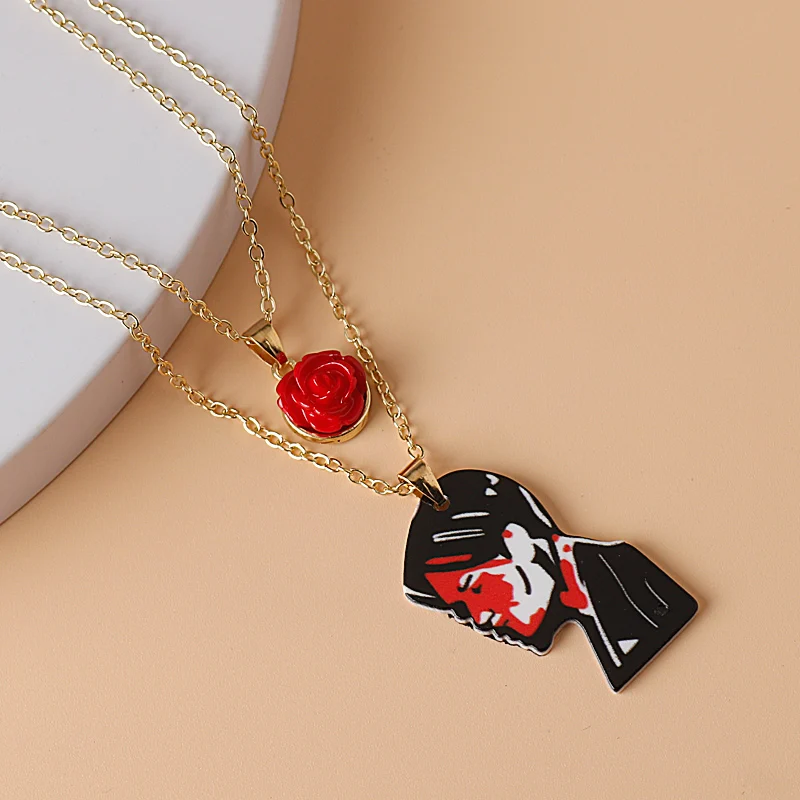 Rock Band Fashion Rose Flower Couple Necklace Band MCR Woman and Men Asymmetrical Face Necklace Valentine\'s Day gift