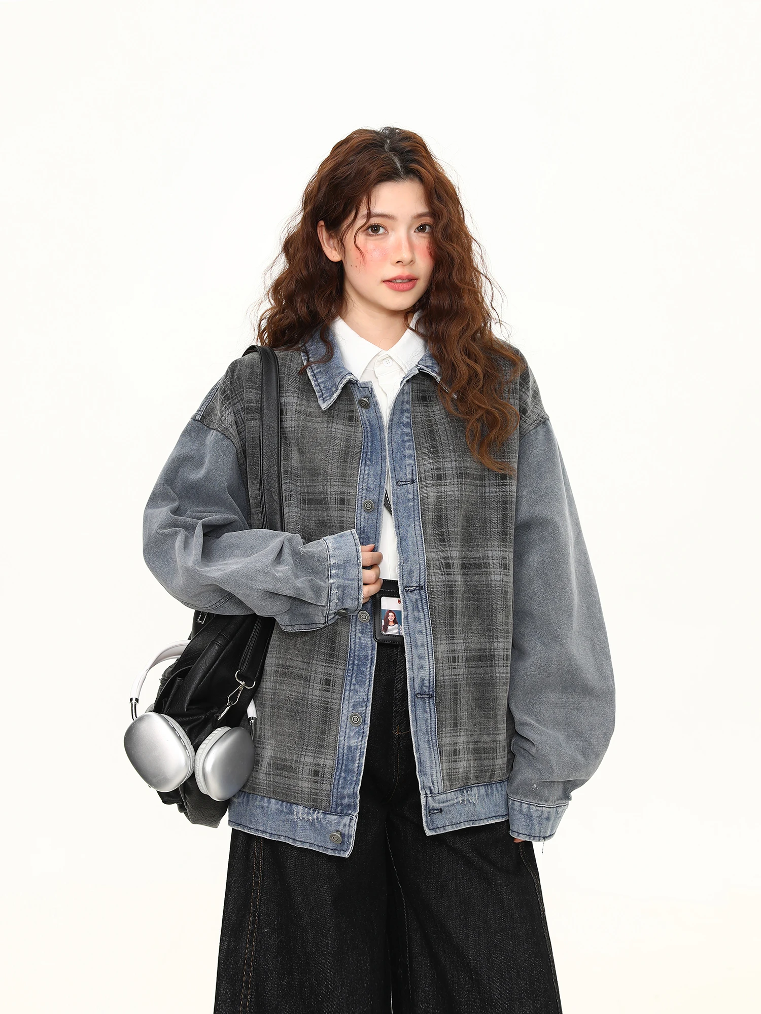 

Wild Azizi American Retro Waed Plaid Splicing Denim Jaet ex Spring New Heavy Trendy Brand Jaet Street Sle Loose Fit