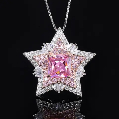 Vintage 10*10mm rosa quartzo topázio pentagrama pingente colar para mulheres laboratório diamante cocktail festa jóias finas presente acessórios