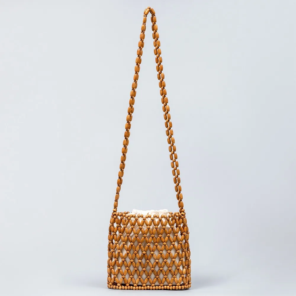 Wooden Bead Handmade Woven Bag Exquisite Hollow-out Beaded Shoulder Bag Female Crossbody Bag For Women