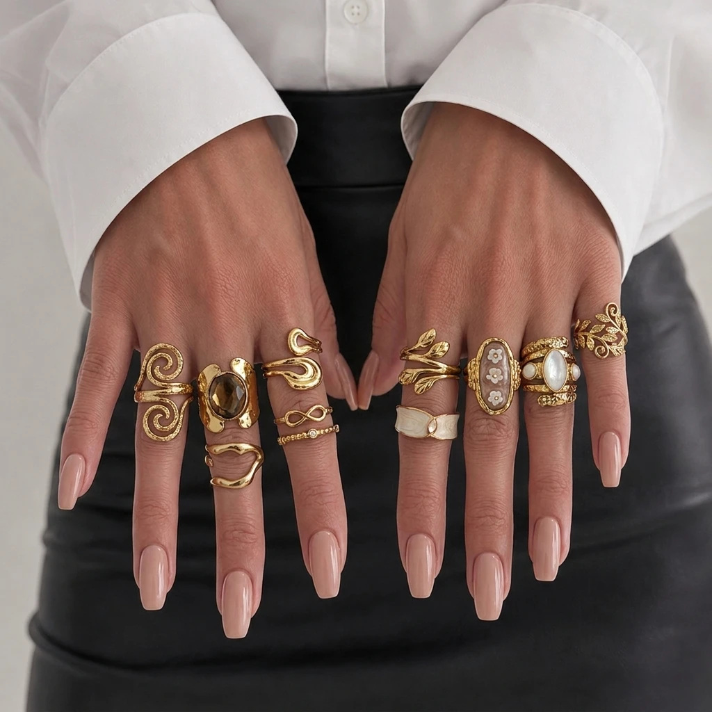 Stainless Steel French Fashion Asymmetrical Open Ring for Women Vintage Tiger Eye Stone Leaf Whirl Stackable Ring Jewelry Gift