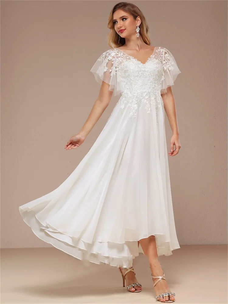 Abito da sposa in Tulle di pizzo asimmetrico con scollo a v a-line con volant con paillettes perline eleganti abiti da festa per le donne 2023