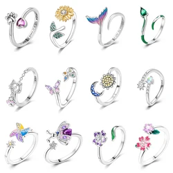 Adjustable Rings 925 Sterling Silver Mermaid Wing Dragon Sunflower Tulip Open Rings For Women Female Original Engagement Jewelry