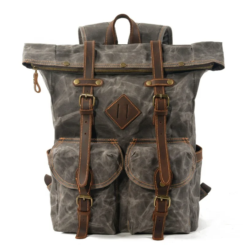 

New American Vintage Waxed Canvas Backpack With Genuine Leather Accents Multi-Pocket Large Capacity Outdoor Travel Rucksack