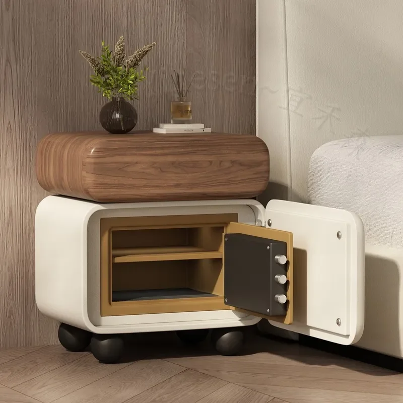 Solid Wood Bedside Table Smart Storage Cabinet Safe Integrated New Home Bedroom Medieval Dopamine Cream Nightstand