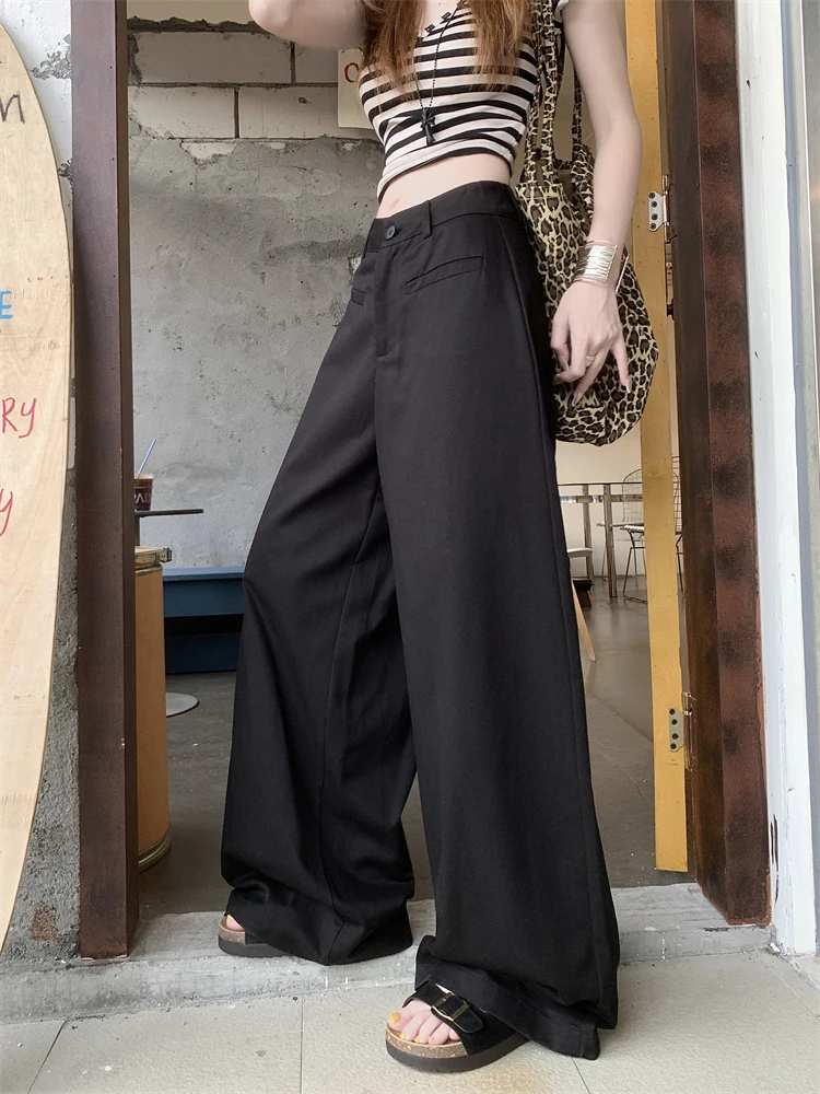 Pantalon polyvalent taille haute pour femmes, ample, jambes larges, kaki, suspendu, décontracté, simple, jambes droites, long, été