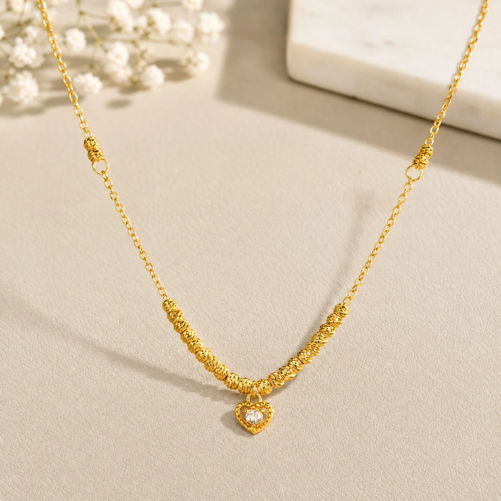 Heart Pendant Necklace for Women, Stainless Steel Textured Bead Chain Choker Minimalist Heart CZ Jewelry
