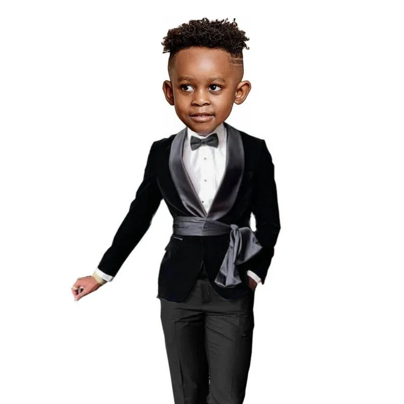 Fashion Black Velvet Boys Wedding Suits Children Performance Party Dress Costume Toddler Kids Blazer Pants Belt Clothing Sets