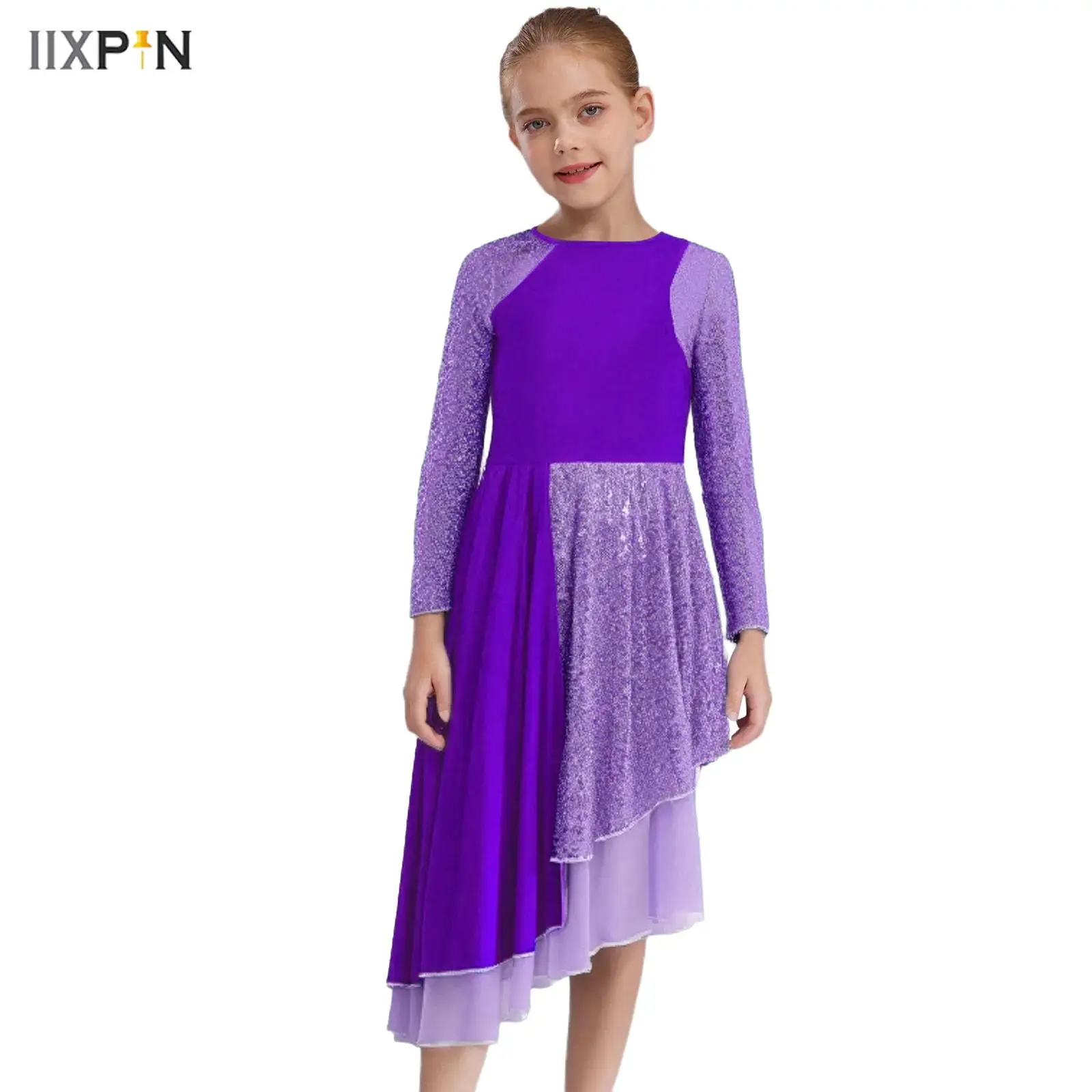 

Kids Girls Liturgical Praise Dance Dress Lyrical Dance Costume Long Sleeve Sequin Color Block Asymmetrical Dress Worship Robe