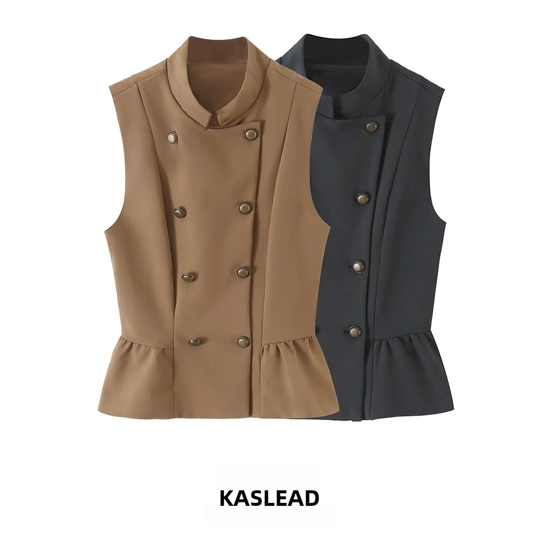 KASLEAD New Women's Fashion Nine-Point Short Skirt Vest Top with Button Detail Polyester Acrylic Material Stand Collar Design