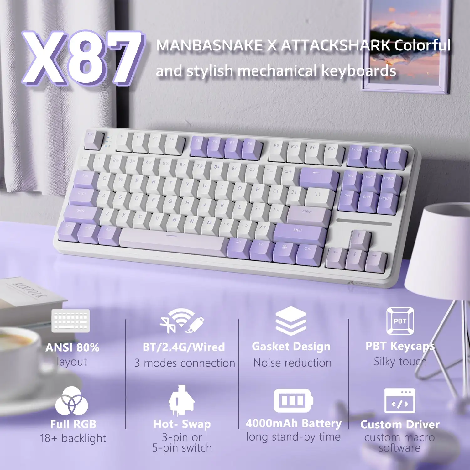 ATTACK SHARK X87 Tri-mode Gasket Mechanical Keyboard 80% Gasket-mounted Bluetooth 5.1/2.4G Wireless & Type-C Wired Mechanical