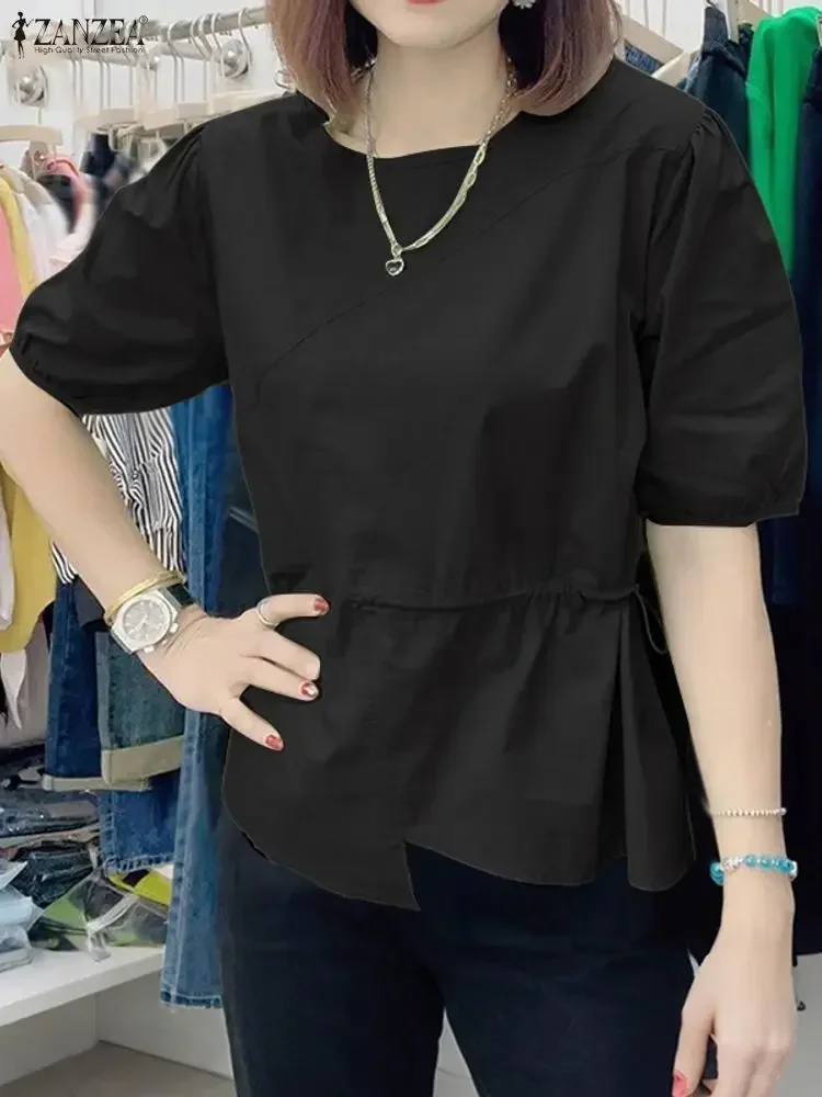 ZANZEA Damska Bluzka Modna Tunika z Podkreśloną Taliaą Top na Lato 2025 Krótki Rękaw Jednolite Koszule Koreański Styl Casual Luźne Bluzki Odzież