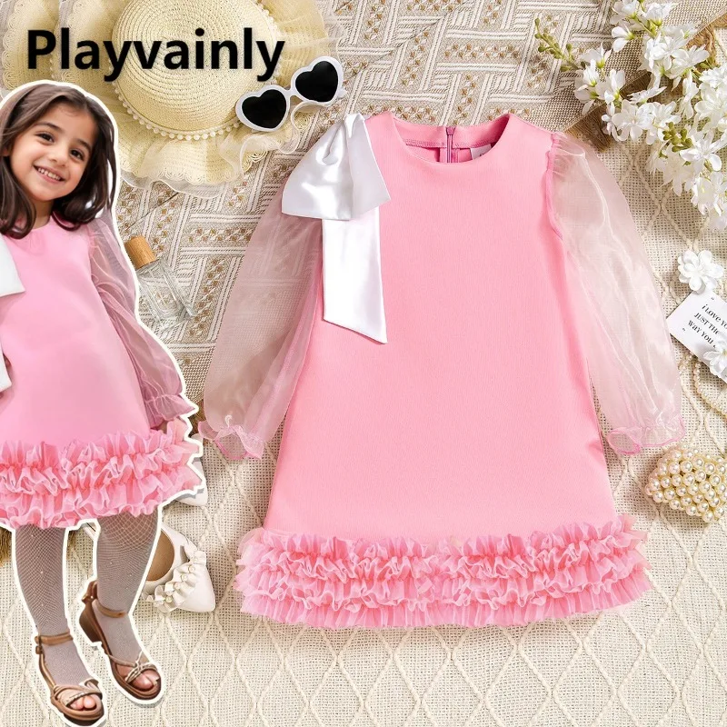 

Летнее милое розовое платье для девочек с круглым вырезом, из фатина, с длинными рукавами, многоярусным подолом с оборками, элегантное модное детское платье X1008