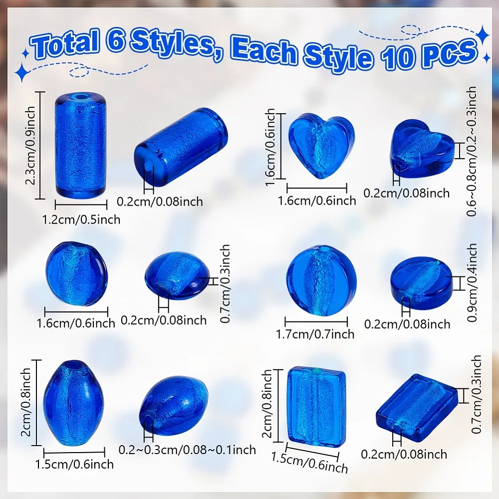 

60Pcs 6 Styles Handmade Silver Foil Lampwork Beads Mixed Shapes Royal Blue 10~30x10~16mm Hole: 1.5mm 10pcs/style