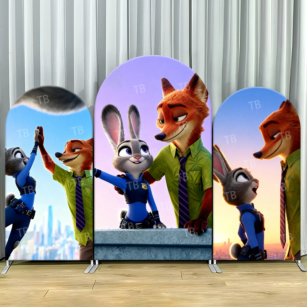 

Zootopia Judy Nick City View Arch Backdrop Cover High Five Scene For Kids Birthday Party Dynamic Cartoon Theme Photo Booth Decor