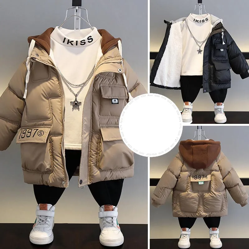 Kids Winter New Thick Keep Warm Boys Jacket Linning With Velvet Waterproof And Stain-resistant Artificial Leather Coat 4-12 Y