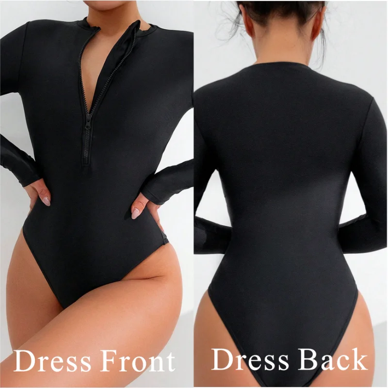 

2025 Summer Women Solid Color Long Sleeve Conservative One Piece Swimsuit Chest Front Zipper Black Swimwear Beach Surf Outfit