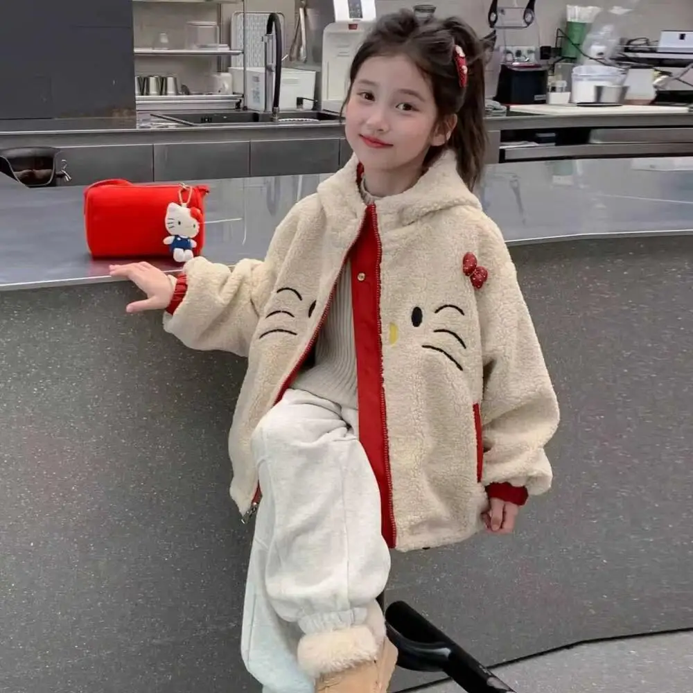 

Осенне-зимнее пальто Sanrio Hello Kitty для девочек, детское двустороннее двустороннее пальто с толстым бархатным ветрозащитным топом с мультяшным капюшоном