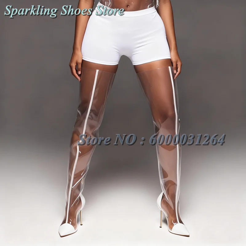 مثير شفافة بولي كلوريد الفينيل المرقعة أحذية الصيف أشار تو الإفراط في الركبة أحذية عالية الصيف خنجر مختلط اللون عالية الكعب حجم 35-44 #4