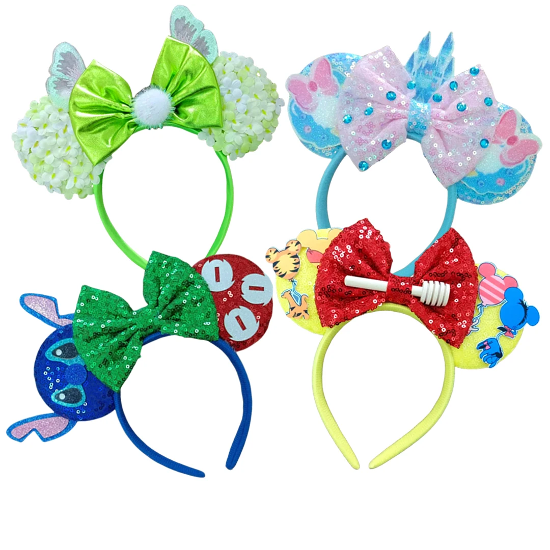 2024 New Mickey Mouse Ears Headbands Women Child Party Hair Accessories Lilo Stitch Headband for Girls Kids Sequins Bow Hairband