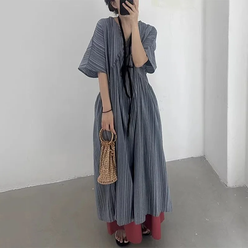 Zomer Nieuwe Dames Losse V-ne ort-sved Dr Retro Textuur Voel Lange Dr Koreaanse Sle Woon-werkverkeer Losse Taille Andere Mate...