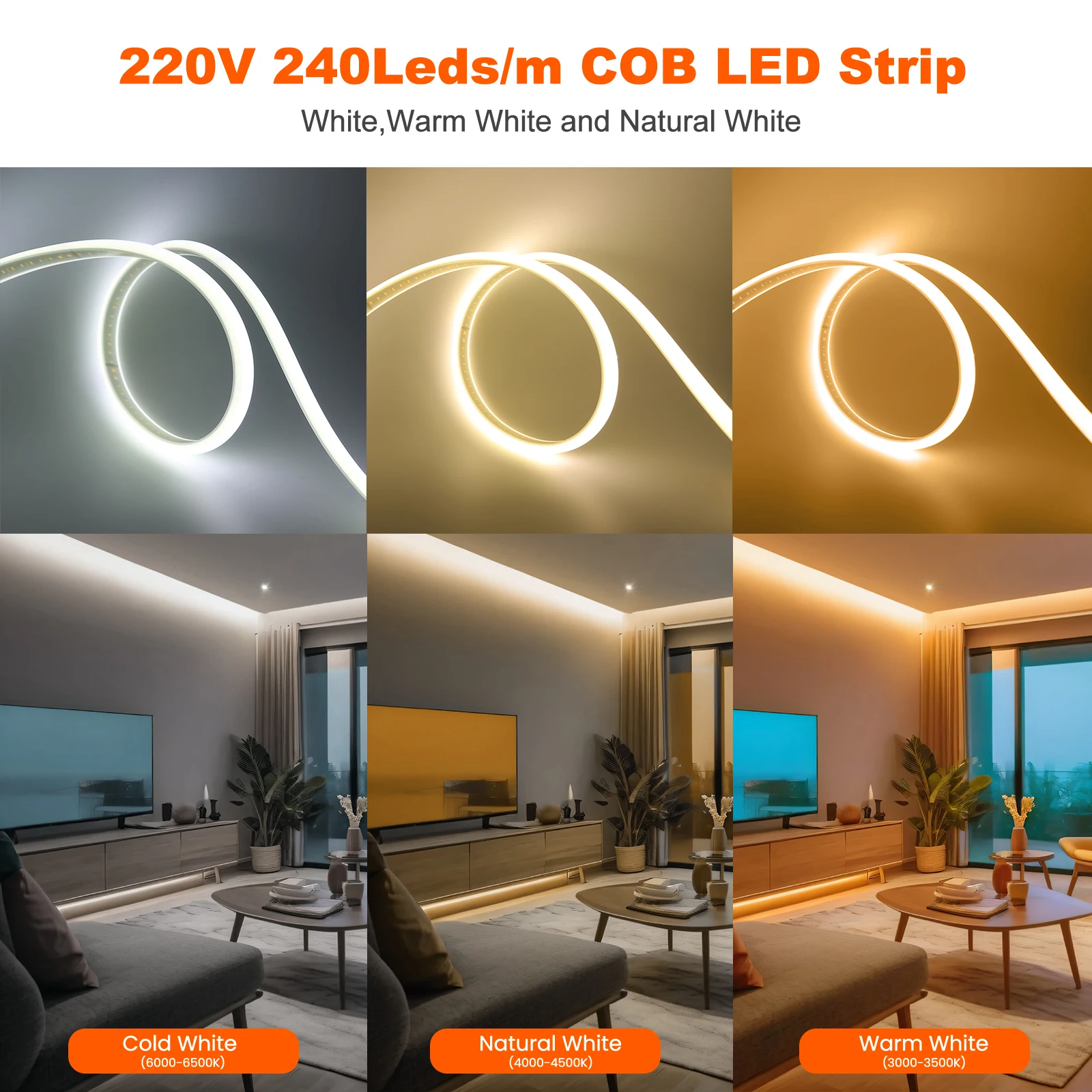 1/30M COB LED Strip Light Neon High Bright 220V Dimmable Switching Power Supply 240leds/M Waterproof LED Strip Light for Bedroom