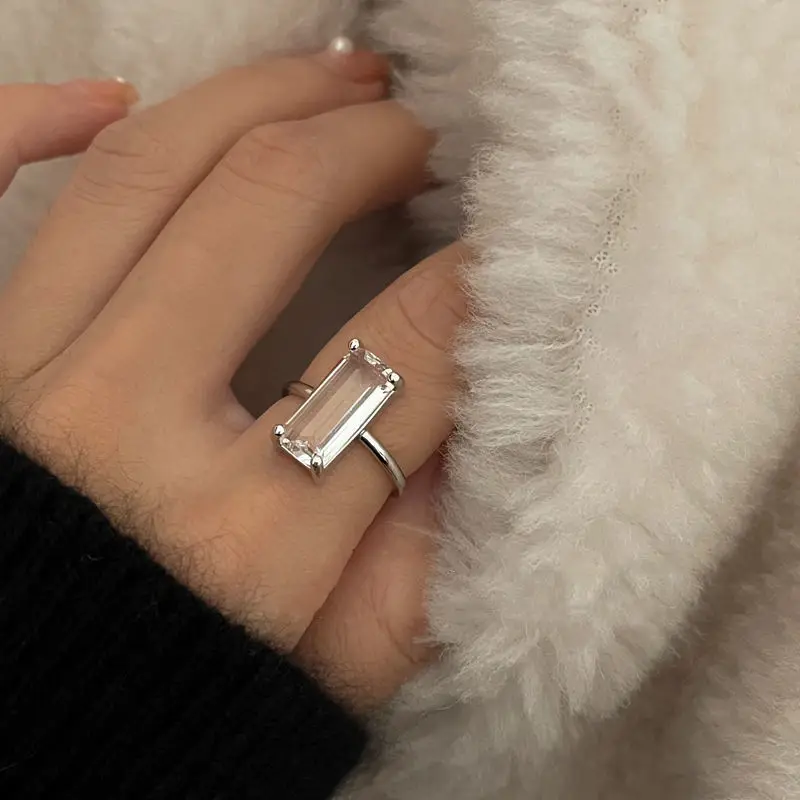 Designer original silver inlaid rectangular white crystal rings for women simple fashion high-end engagement party jewelry