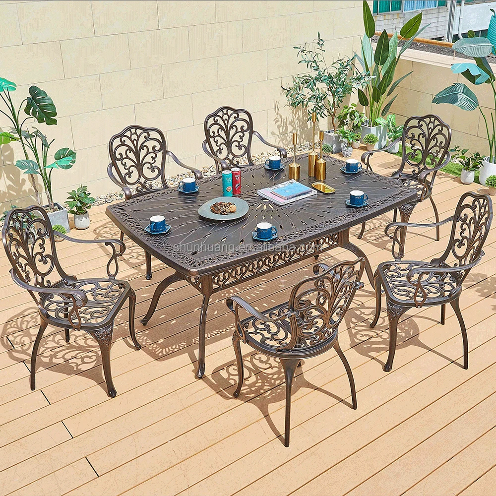 Top Quality Cast Aluminum Garden Metal Furniture Dining Sets With Square Table