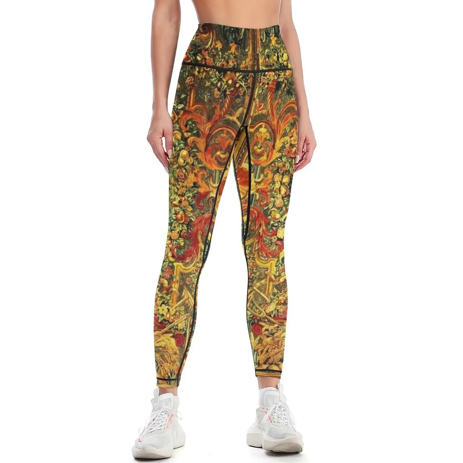 SEASONS AND ELEMENTS,SUMMER FLORA, LOUIS XIV French Royal Embroidery Tapestry Detail Leggings for girls Womens Leggings