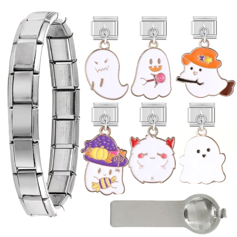 

Italian Charm Bracelet Stainless Steel Set Halloween Themed Handchain Accessory 97QE