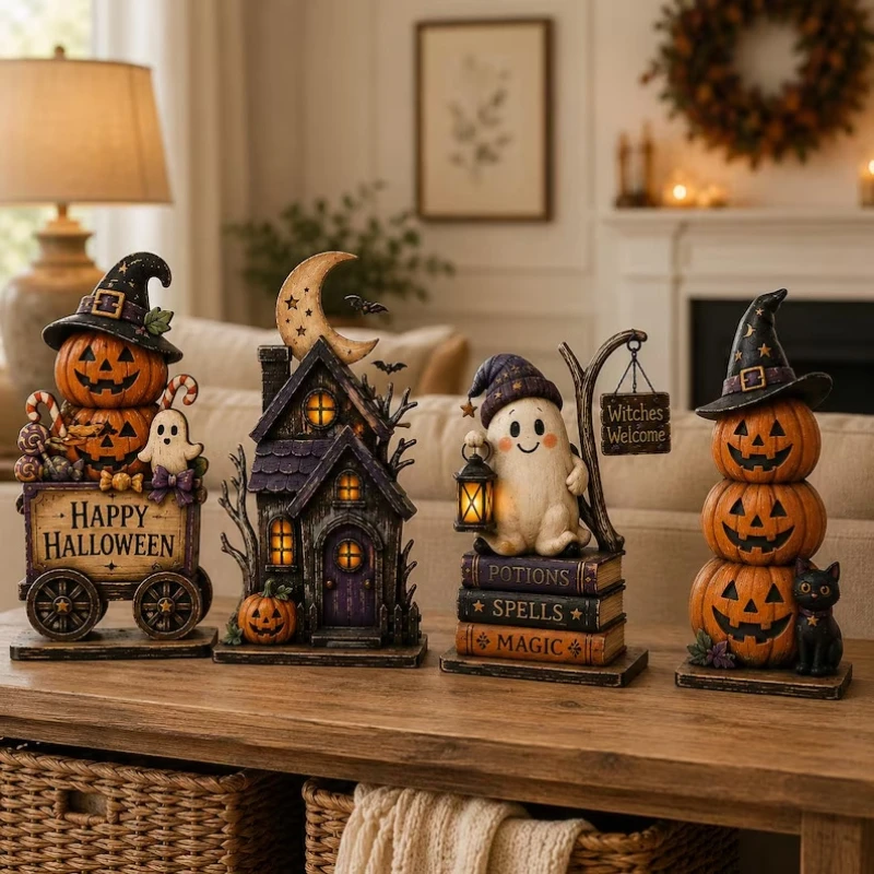 2D Halloween Haunted House Figurine Statue Cute Ghost Pumpkin Witch Ornament Vintage Tabletop Decor Halloween Home Desktop Decor