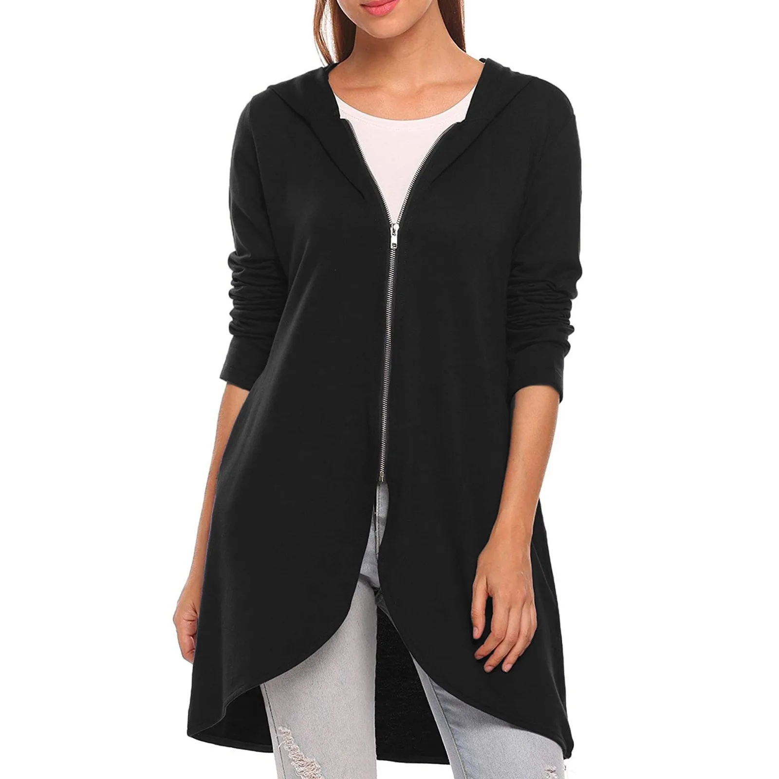 

Casual Women's Solid Color Sweatshirt Loose Hooded Blouse Zip Swallowtail Coat Fall Clothes Women All Sweatshirt