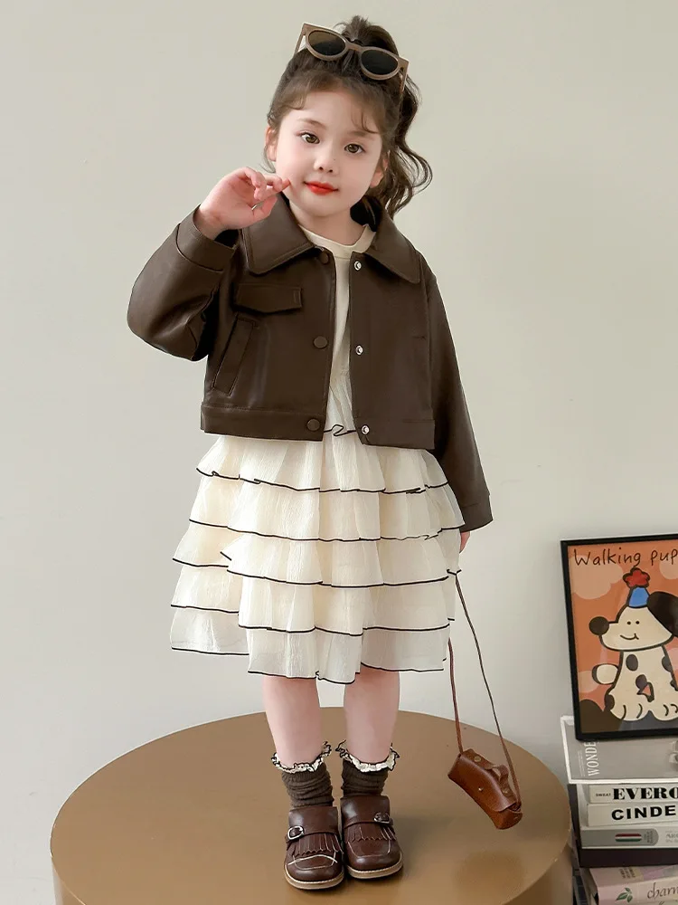 

Girls' Stylish Autumn Leather Jacket and Dress Set2025New Children's Fashionable Princess Dress Baby Girl Spring and Autumn Skir