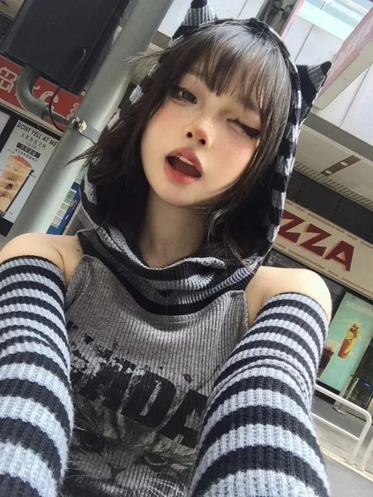 Japanse Gestreepte Patchwork Hoodie Voor Vrouwen Gothic Retro Cat Print Holle Afslankende Pullover Harajuku Stijl Dark Punk Top