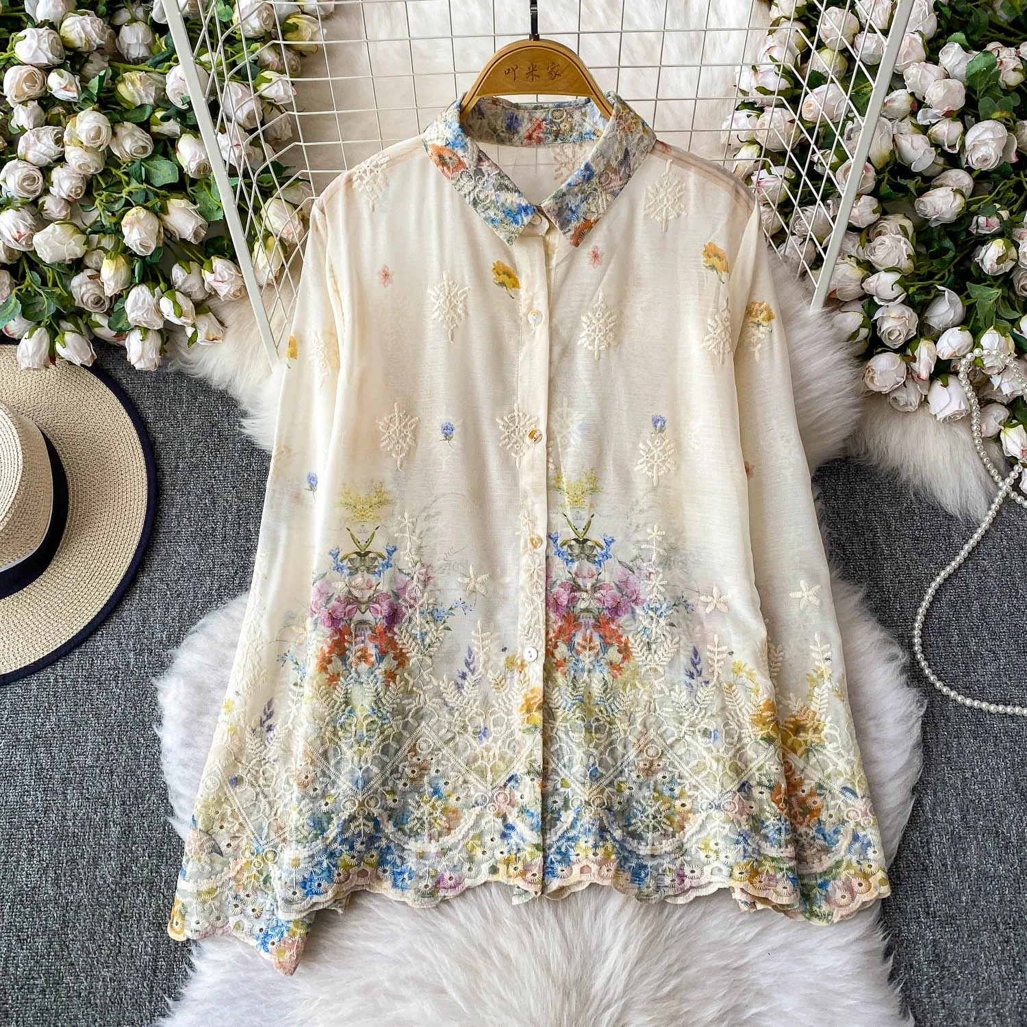 

Роскошные женские кружевные рубашки с цветочной вышивкой и принтом, весенне-осенние шифоновые блузки с цветами, свободные кардиганы с отложным воротником, топы