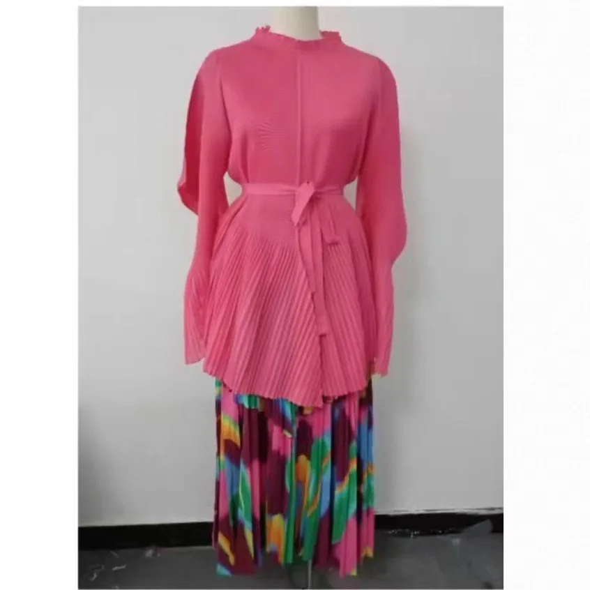 Miyake Fashion Printing Pleated 2 Pieces Set Women Belt Loose Tops + High Waist A-line Long Skirts 2025 Autumn New Sets