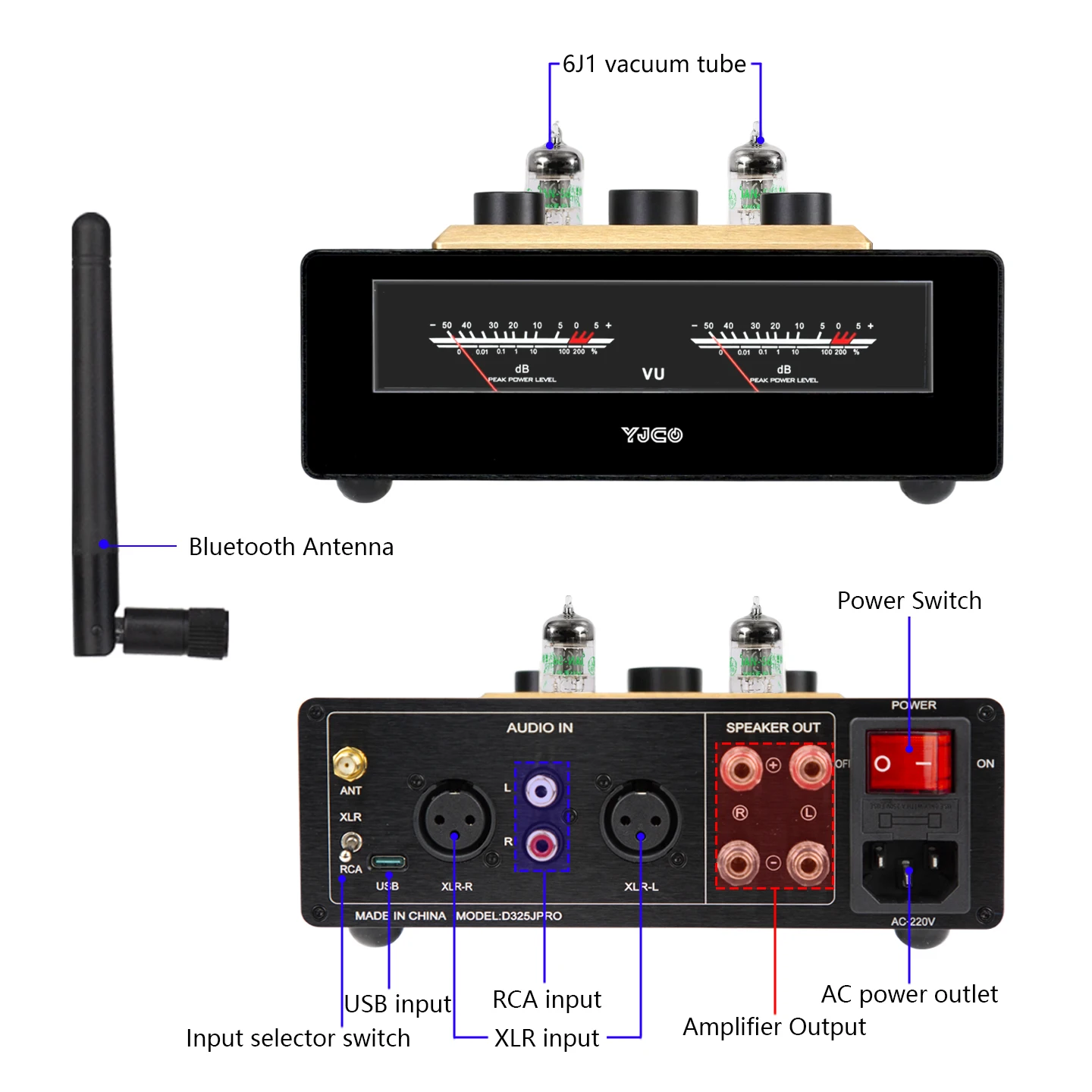 YJCO D325JPRO Audio HiFi JAN5654 Vacuum Tube Power Amplifier Bluetooth Receiver TPA3255 with VU Meter 300W*2 Max 6J1 Tube Preamp
