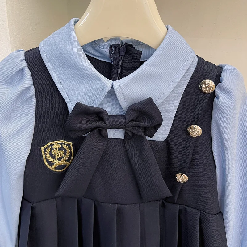 2024Spring New College Style Girls Dress StitchingjkUniform Baby Girl Fake Two-Piece Skirts Tide