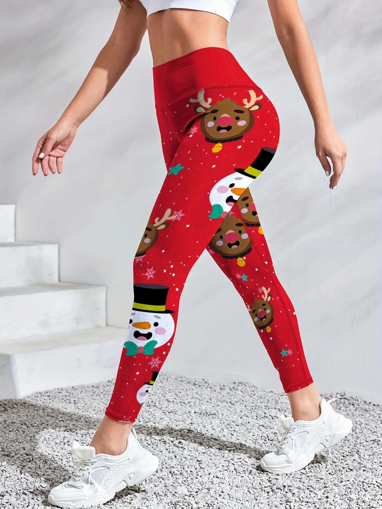 Yoga Pants, Women's High‑Waist Red Christmas Snowman Reindeer Snowflake Print Stretch Leggings, Soft Full‑Length Holiday Workout Casual Pants