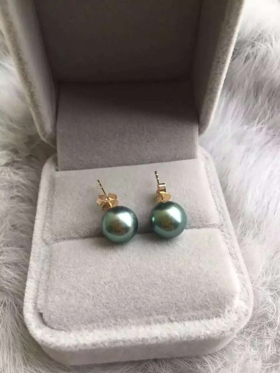 New 7-8mm AAA Black Green Round Natural Tahiti Pearl Earrings 14k Gold Earrings