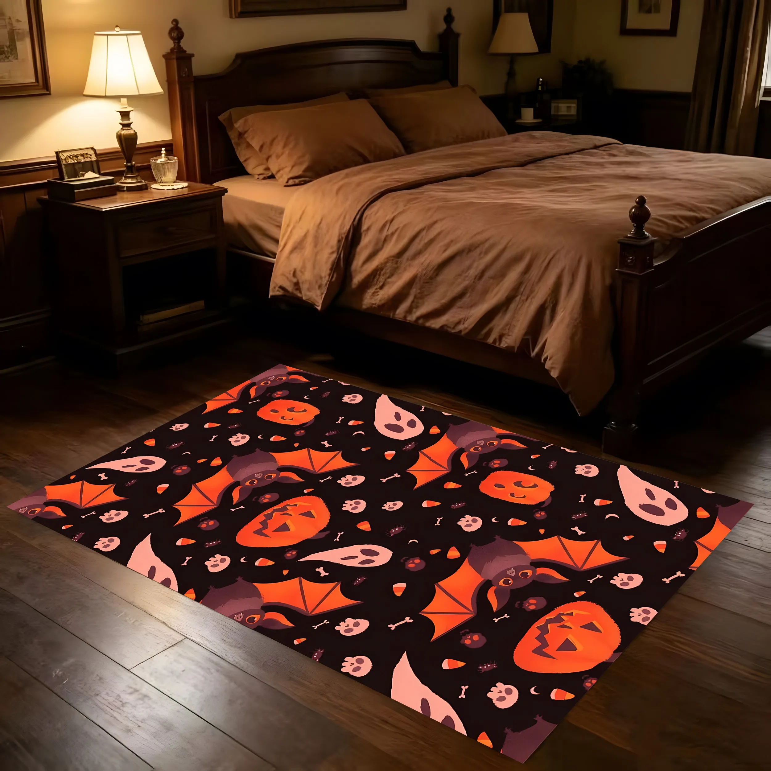 Velvet Pumpkin Ghost Skull Funny Halloween 2D Rug for Living Room and Bedroom, Autumn/Winter Warm